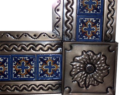 TalaMex Medium Brown Escudo Talavera Tile Tin Mirror Close-Up