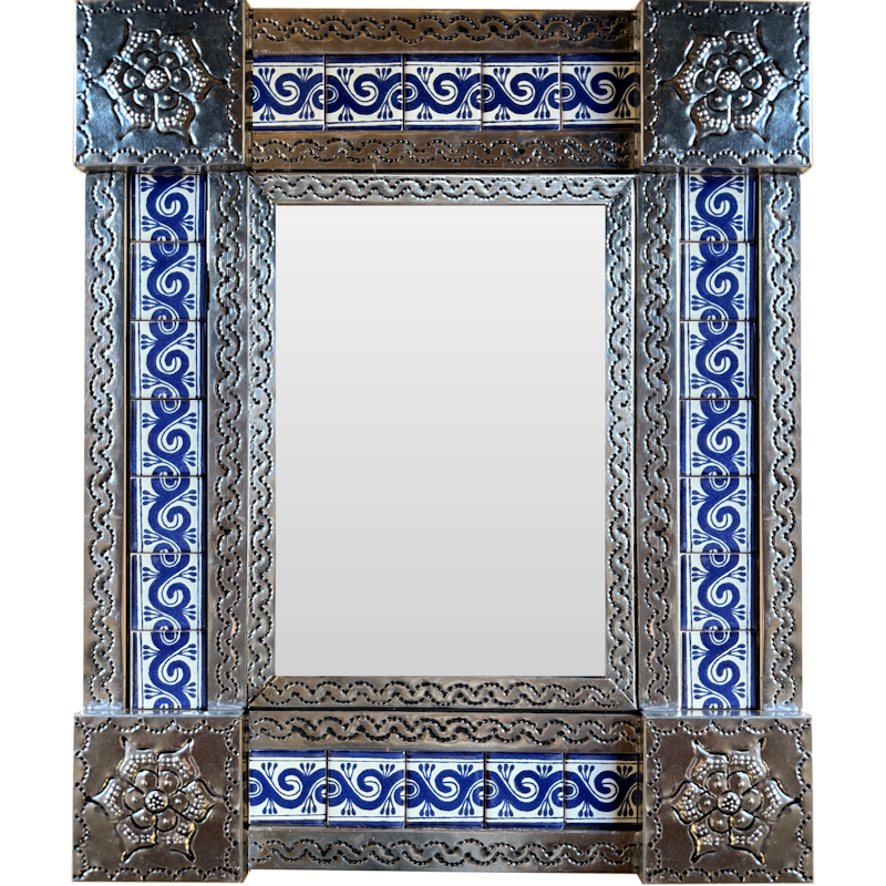 TalaMex Small-Sized Silver Caracol Tile Talavera Tin Mirror