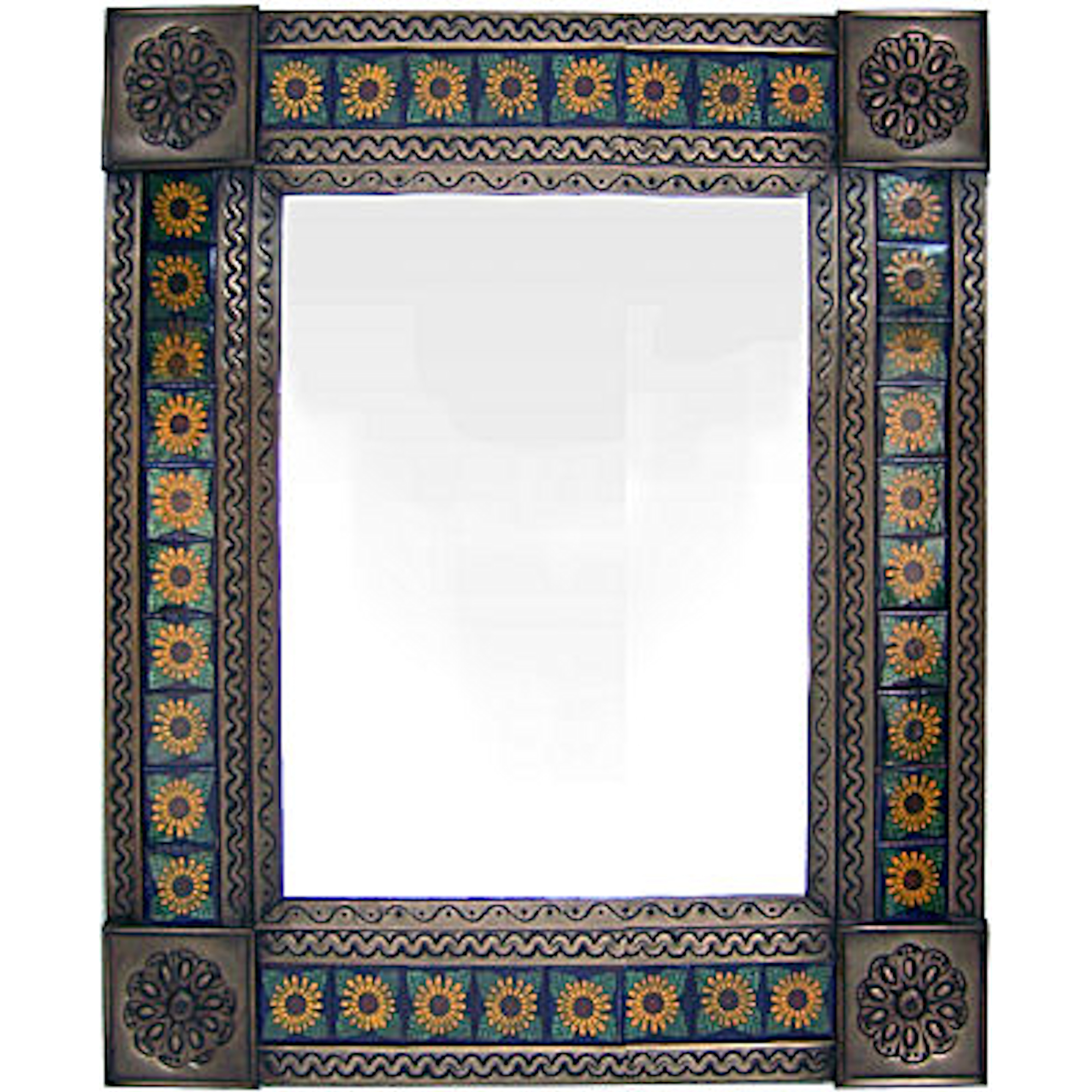 TalaMex Medium Brown Sunflower Tile Talavera Tin Mirror