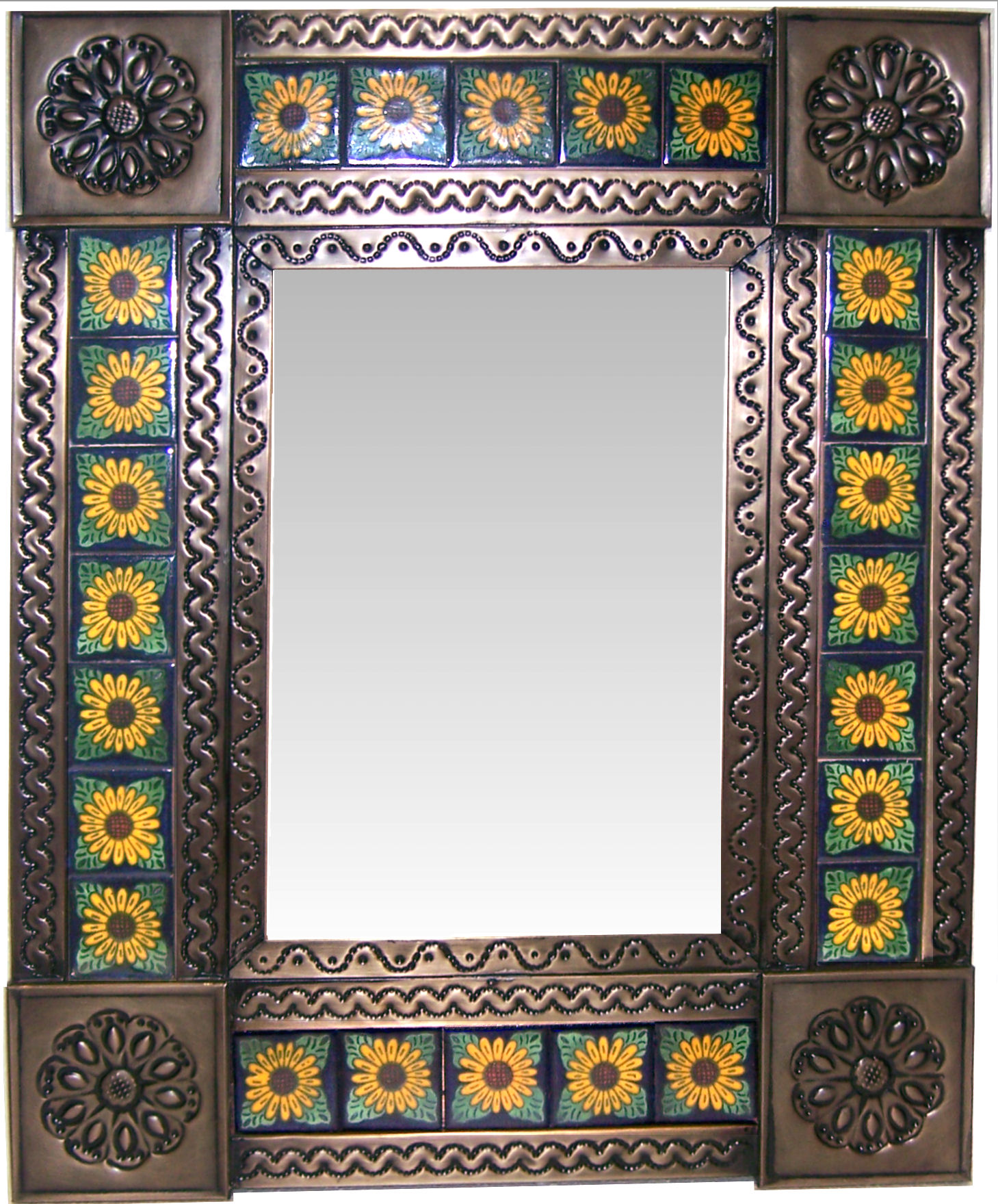 TalaMex Small Brown Sunflower Tile Talavera Tin Mirror