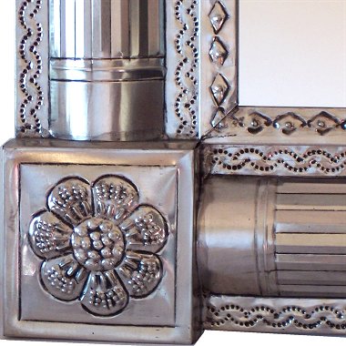 TalaMex Silver Vertical Post Talavera Tin Mirror Details