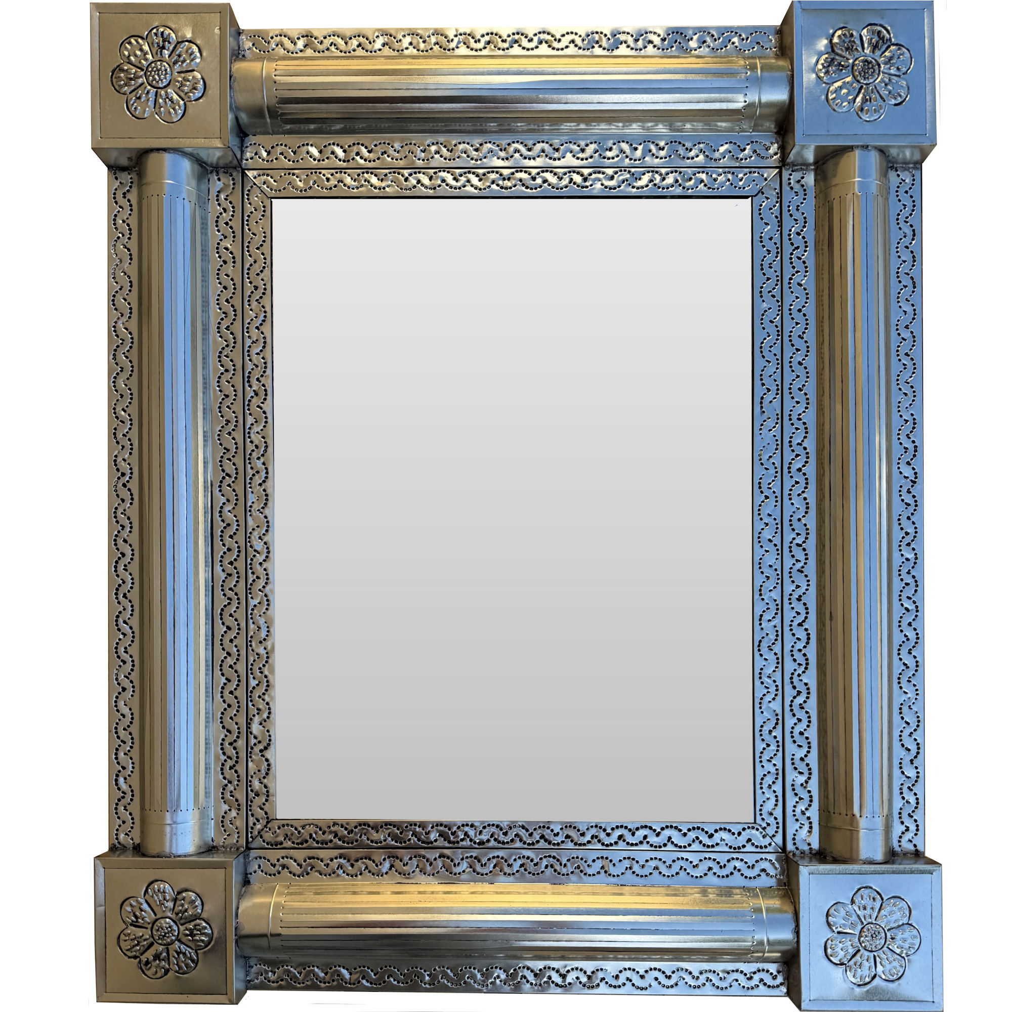 Mexican Handmade Silver Vertical Post Talavera Tin Mirror