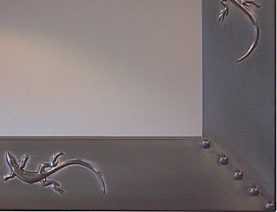 Silver Lizard Embossed Tin Mirror Close-Up